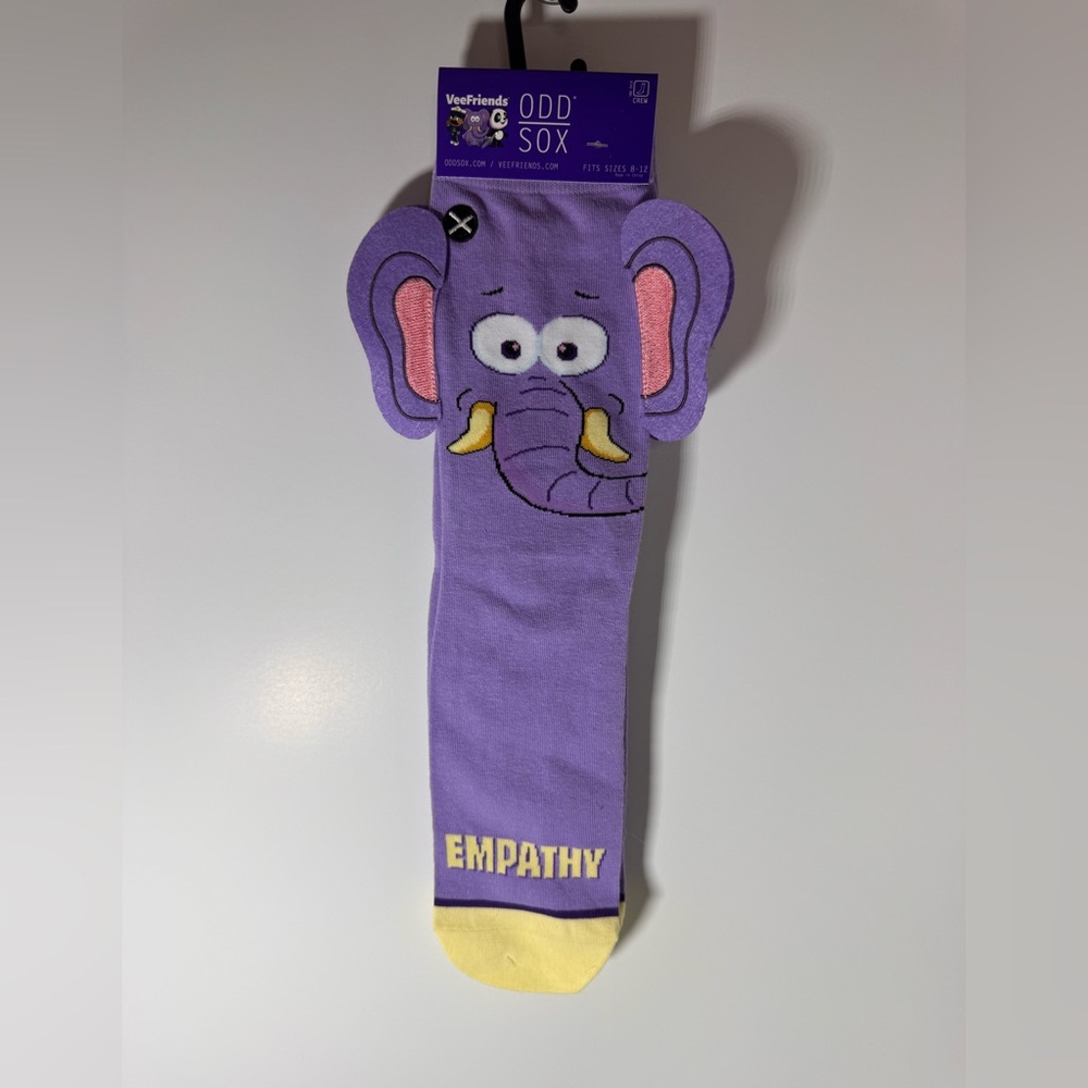 Socks Vee Friends Odd Sox Empathy Elephant Men SZ 8/12 Lavender Yellow Crew New